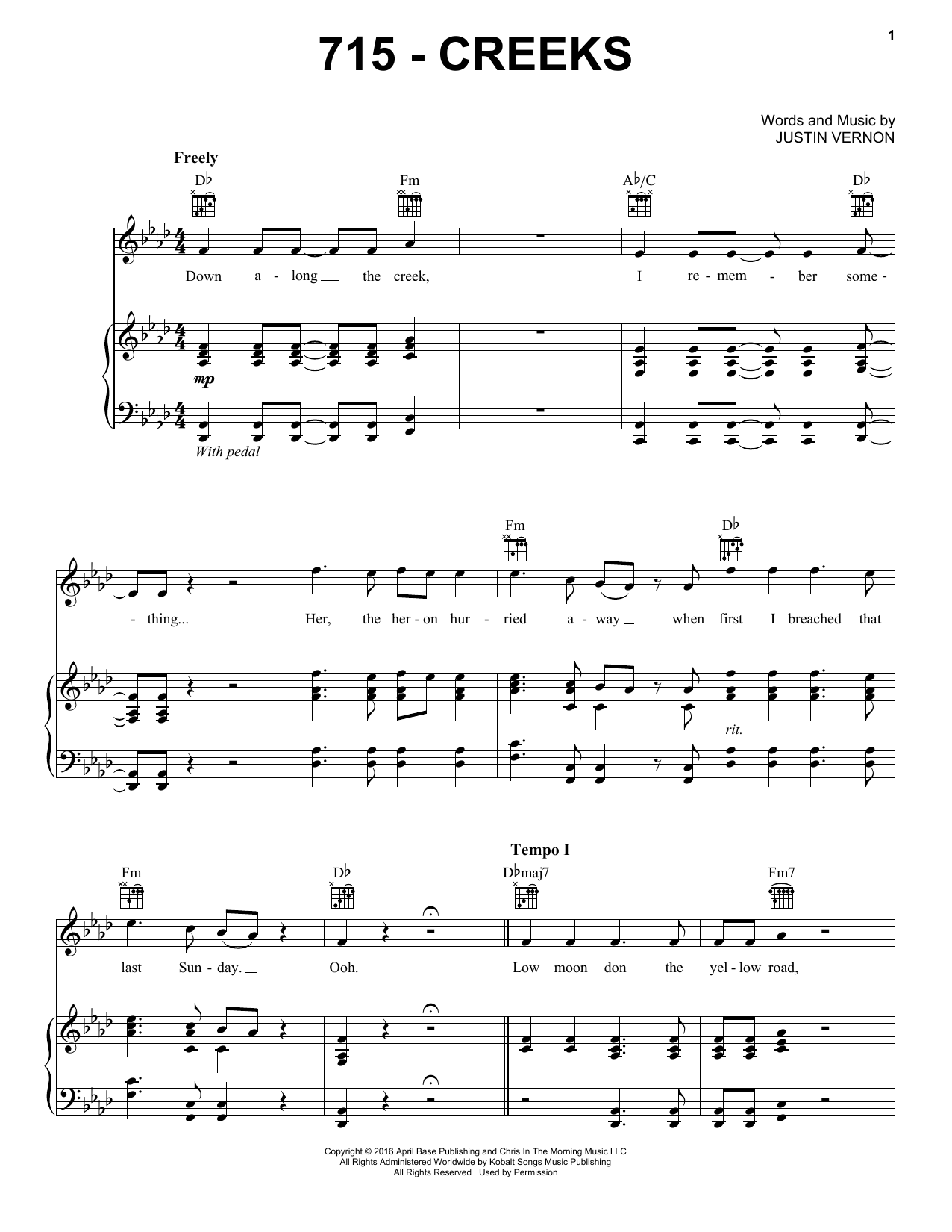 Download Bon Iver 715 - CREEKS Sheet Music and learn how to play Piano, Vocal & Guitar Chords (Right-Hand Melody) PDF digital score in minutes