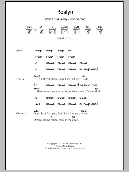 Download Bon Iver & St. Vincent Roslyn Sheet Music and learn how to play Lyrics & Chords PDF digital score in minutes