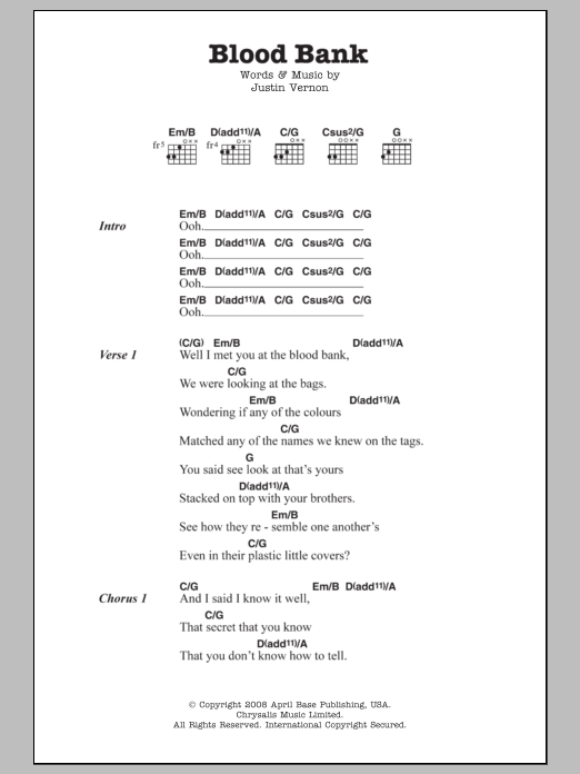 Download Bon Iver Blood Bank Sheet Music and learn how to play Lyrics & Chords PDF digital score in minutes