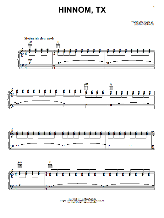 Download Bon Iver Hinnom, TX Sheet Music and learn how to play Piano, Vocal & Guitar (Right-Hand Melody) PDF digital score in minutes