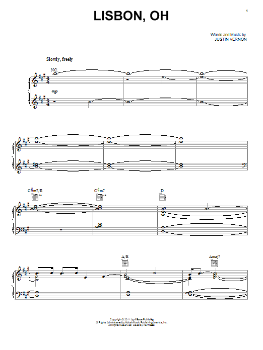 Download Bon Iver Lisbon, OH Sheet Music and learn how to play Piano, Vocal & Guitar (Right-Hand Melody) PDF digital score in minutes