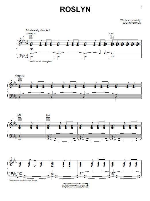 Download Bon Iver Rosyln Sheet Music and learn how to play Piano, Vocal & Guitar (Right-Hand Melody) PDF digital score in minutes