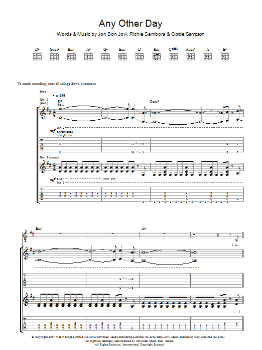 Download Bon Jovi Any Other Day Sheet Music and learn how to play Piano, Vocal & Guitar (Right-Hand Melody) PDF digital score in minutes