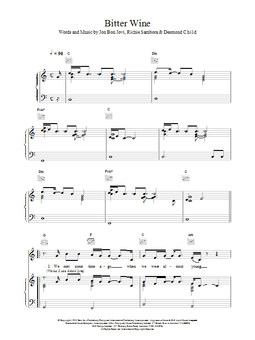 Download Bon Jovi Bitter Wine Sheet Music and learn how to play Piano, Vocal & Guitar (Right-Hand Melody) PDF digital score in minutes