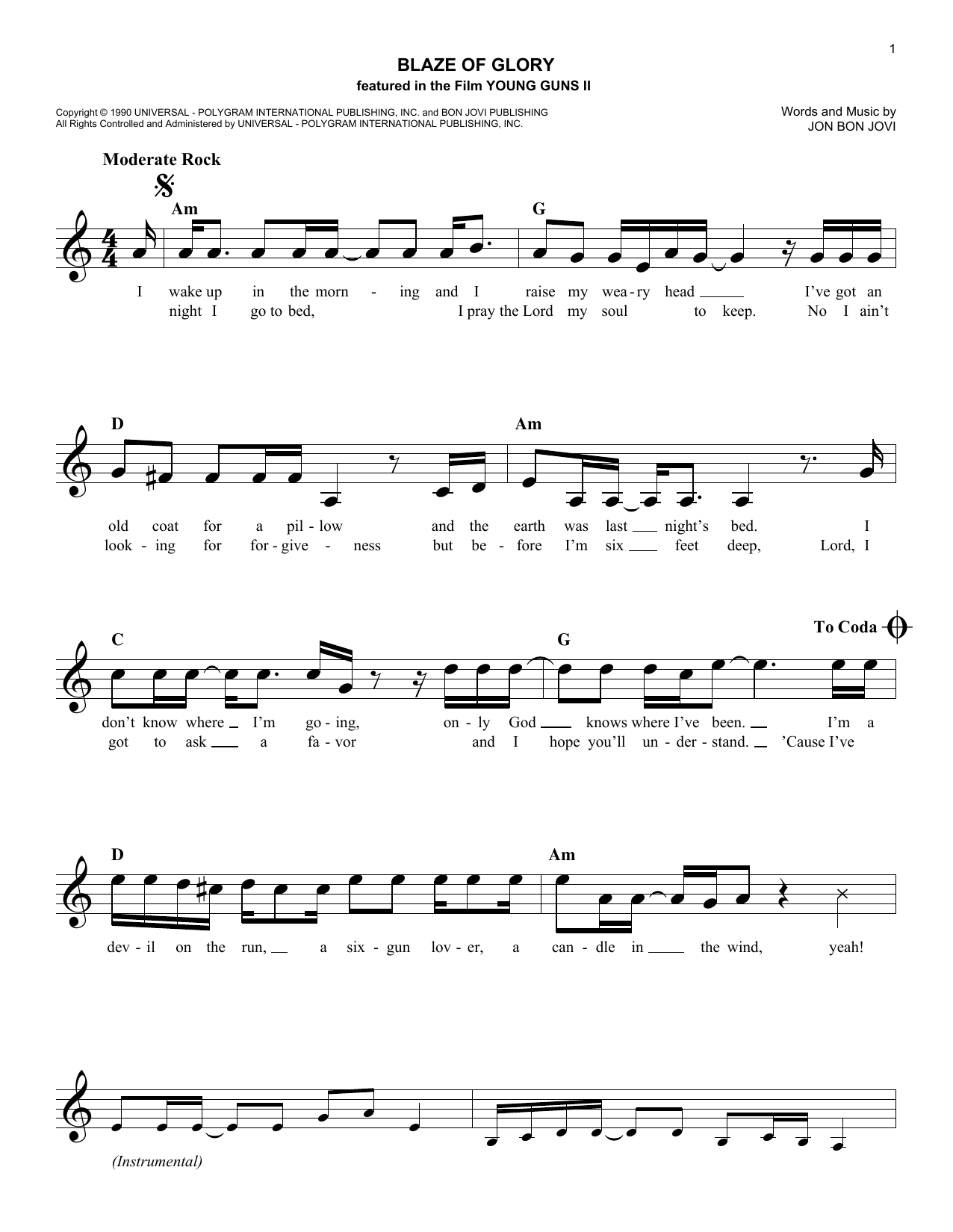 Download Bon Jovi Blaze Of Glory Sheet Music and learn how to play Melody Line, Lyrics & Chords PDF digital score in minutes