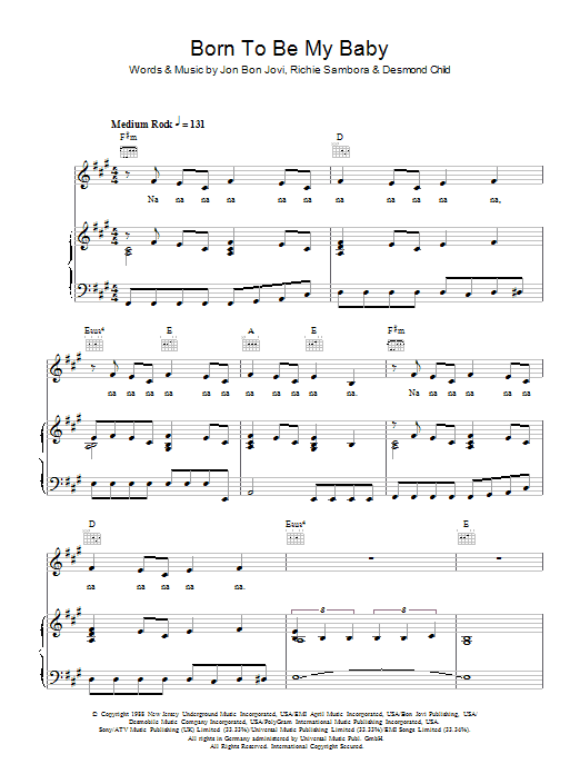 Download Bon Jovi Born To Be My Baby Sheet Music and learn how to play Guitar Chords/Lyrics PDF digital score in minutes