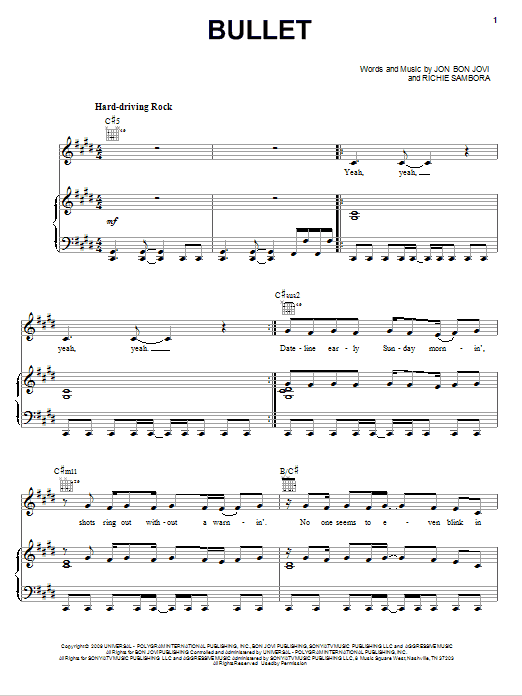 Download Bon Jovi Bullet Sheet Music and learn how to play Piano, Vocal & Guitar (Right-Hand Melody) PDF digital score in minutes