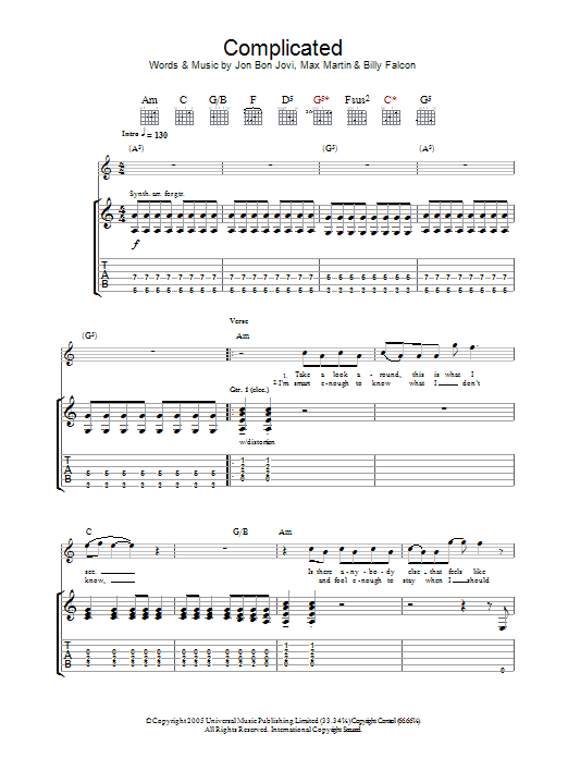Download Bon Jovi Complicated Sheet Music and learn how to play Guitar Tab PDF digital score in minutes