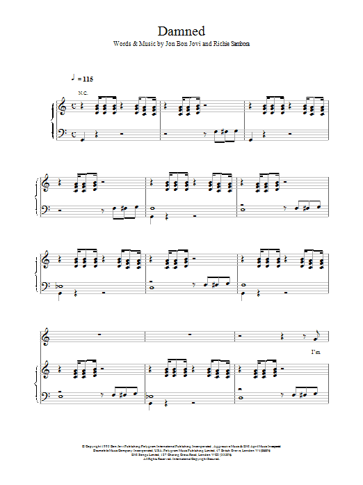 Download Bon Jovi Damned Sheet Music and learn how to play Piano, Vocal & Guitar (Right-Hand Melody) PDF digital score in minutes