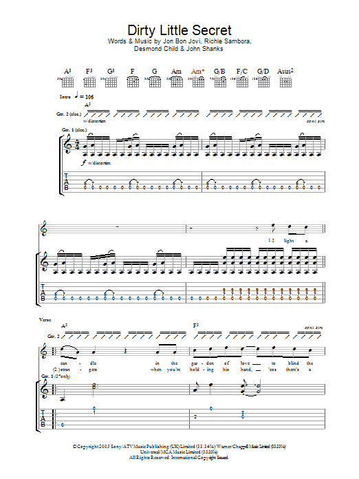 Download Bon Jovi Dirty Little Secret Sheet Music and learn how to play Guitar Tab PDF digital score in minutes