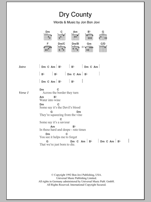 Download Bon Jovi Dry County Sheet Music and learn how to play Lyrics & Chords PDF digital score in minutes