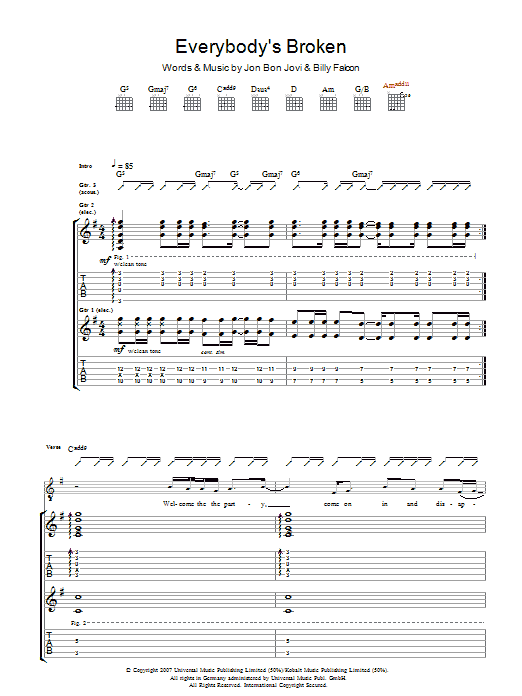 Download Bon Jovi Everybody's Broken Sheet Music and learn how to play Guitar Tab PDF digital score in minutes