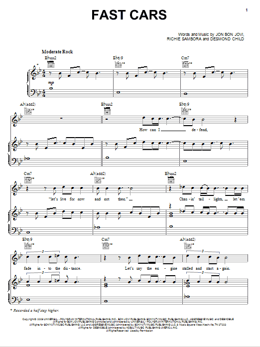 Download Bon Jovi Fast Cars Sheet Music and learn how to play Piano, Vocal & Guitar (Right-Hand Melody) PDF digital score in minutes