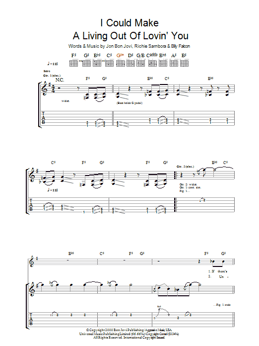 Download Bon Jovi I Could Make A Living Out Of Lovin' You Sheet Music and learn how to play Guitar Tab PDF digital score in minutes