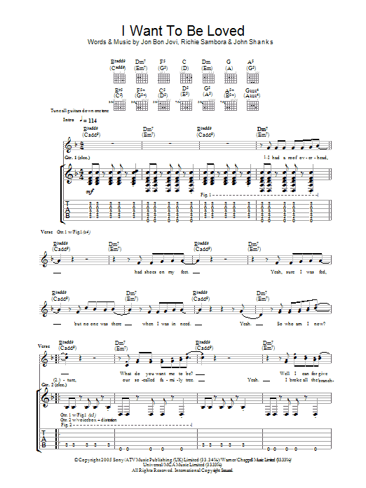 Download Bon Jovi I Want To Be Loved Sheet Music and learn how to play Guitar Tab PDF digital score in minutes