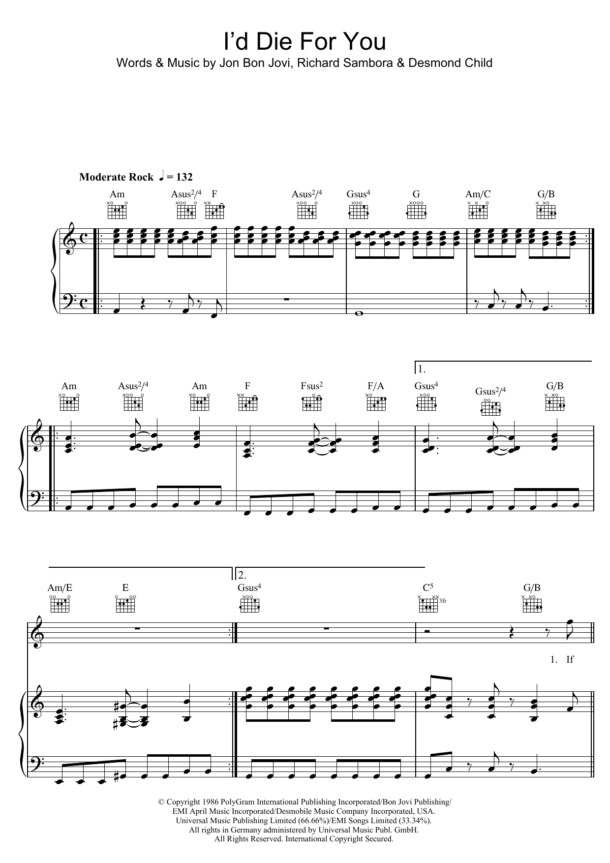 Download Bon Jovi I'd Die For You Sheet Music and learn how to play Piano, Vocal & Guitar (Right-Hand Melody) PDF digital score in minutes