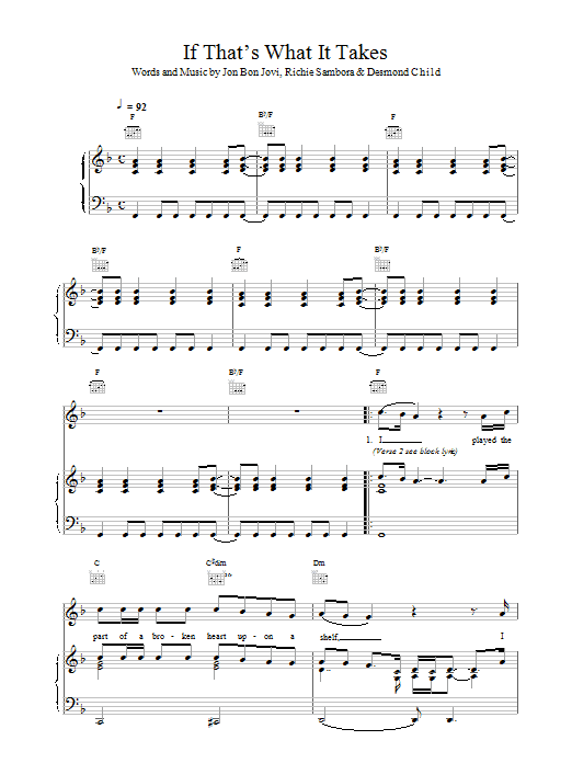 Download Bon Jovi If That's What It Takes Sheet Music and learn how to play Piano, Vocal & Guitar (Right-Hand Melody) PDF digital score in minutes