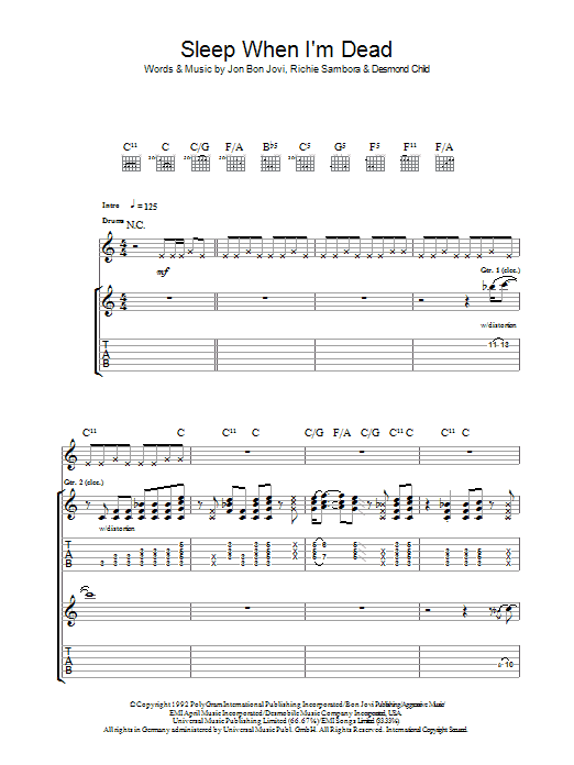 Download Bon Jovi I'll Sleep When I'm Dead Sheet Music and learn how to play Piano, Vocal & Guitar (Right-Hand Melody) PDF digital score in minutes