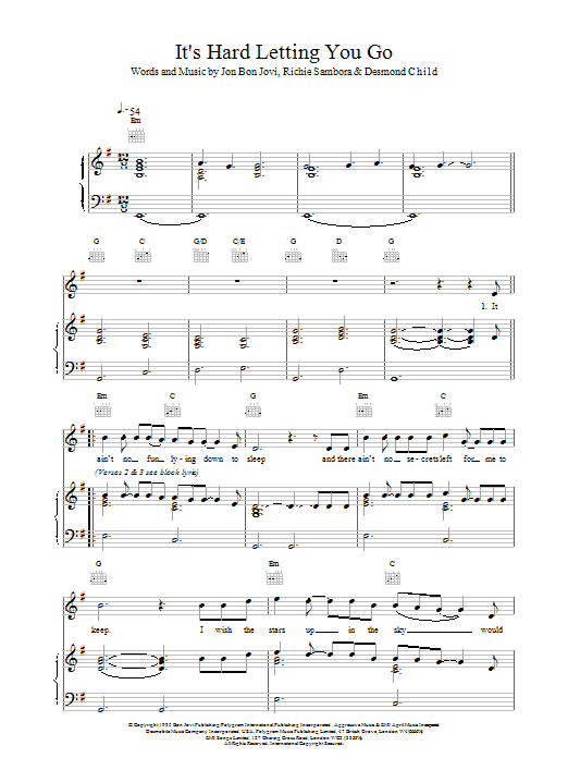 Download Bon Jovi It's Hard Letting You Go Sheet Music and learn how to play Piano, Vocal & Guitar (Right-Hand Melody) PDF digital score in minutes