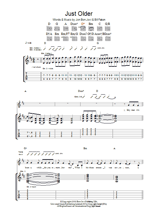 Download Bon Jovi Just Older Sheet Music and learn how to play Guitar Tab PDF digital score in minutes