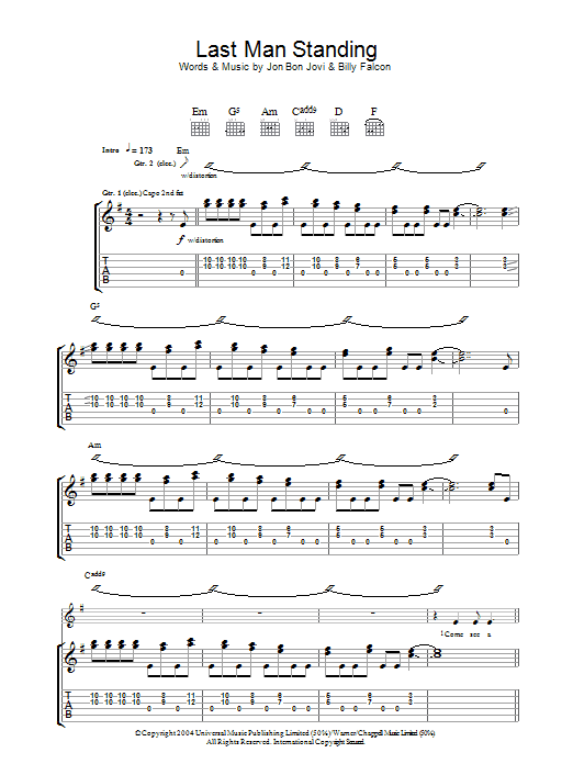 Download Bon Jovi Last Man Standing Sheet Music and learn how to play Guitar Tab PDF digital score in minutes