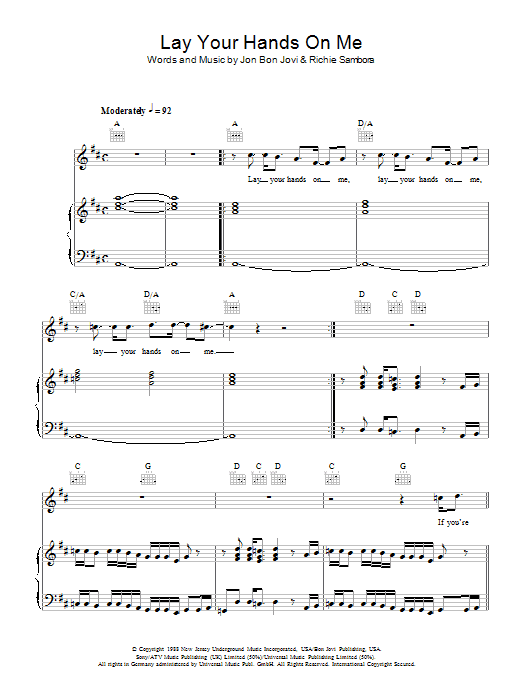 Download Bon Jovi Lay Your Hands On Me Sheet Music and learn how to play Piano, Vocal & Guitar (Right-Hand Melody) PDF digital score in minutes