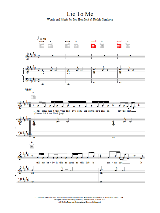 Download Bon Jovi Lie To Me Sheet Music and learn how to play Piano, Vocal & Guitar (Right-Hand Melody) PDF digital score in minutes