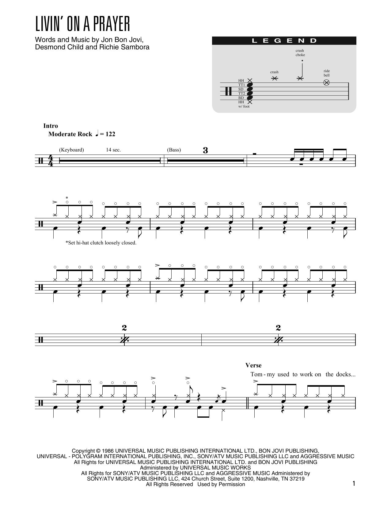 Download Bon Jovi Livin' On A Prayer (arr. Kennan Wylie) Sheet Music and learn how to play Drum Chart PDF digital score in minutes