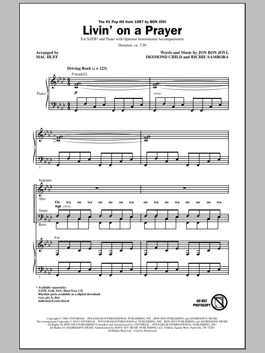 Download Bon Jovi Livin' On A Prayer (arr. Mac Huff) Sheet Music and learn how to play SSA Choir PDF digital score in minutes