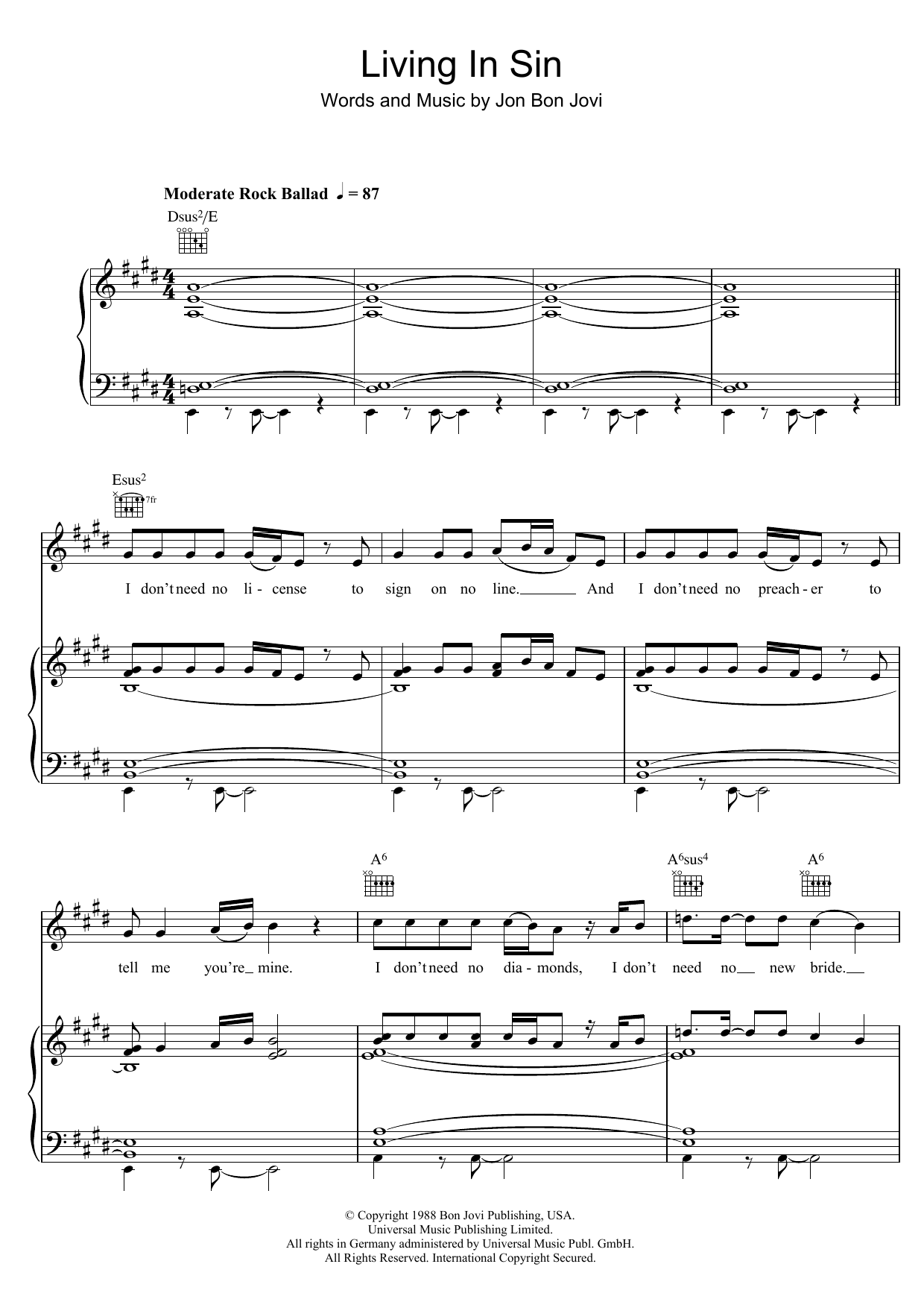 Download Bon Jovi Living In Sin Sheet Music and learn how to play Piano, Vocal & Guitar (Right-Hand Melody) PDF digital score in minutes