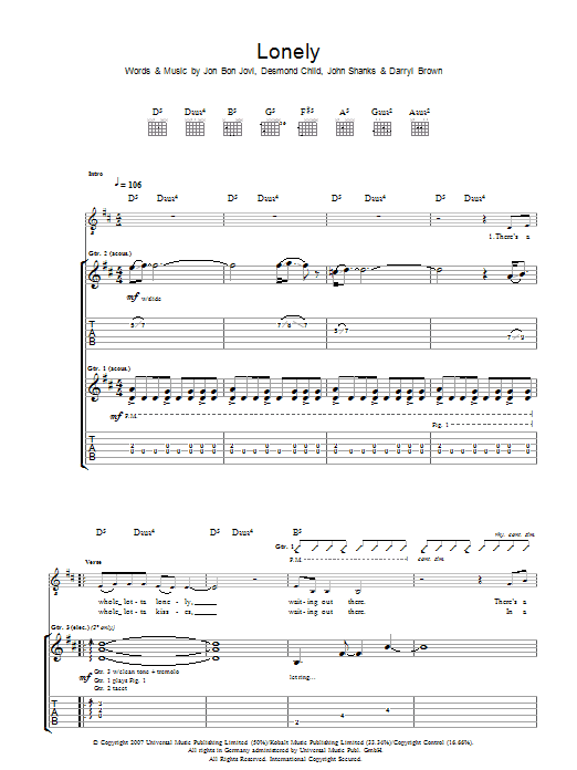 Download Bon Jovi Lonely Sheet Music and learn how to play Guitar Tab PDF digital score in minutes
