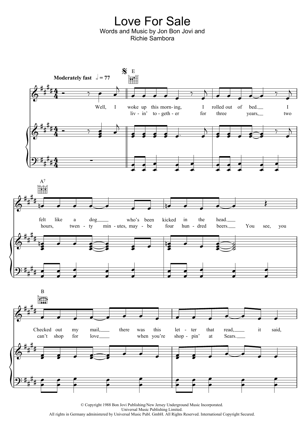Download Bon Jovi Love For Sale Sheet Music and learn how to play Piano, Vocal & Guitar (Right-Hand Melody) PDF digital score in minutes