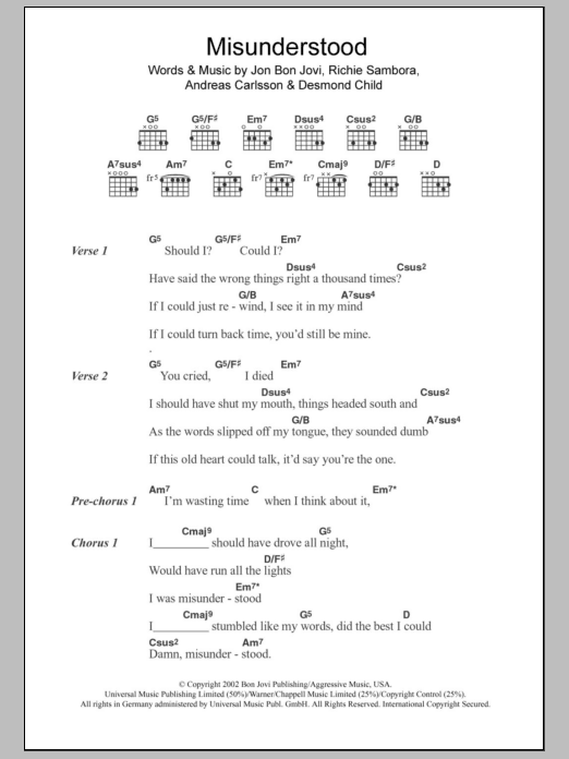 Download Bon Jovi Misunderstood Sheet Music and learn how to play Lyrics & Chords PDF digital score in minutes