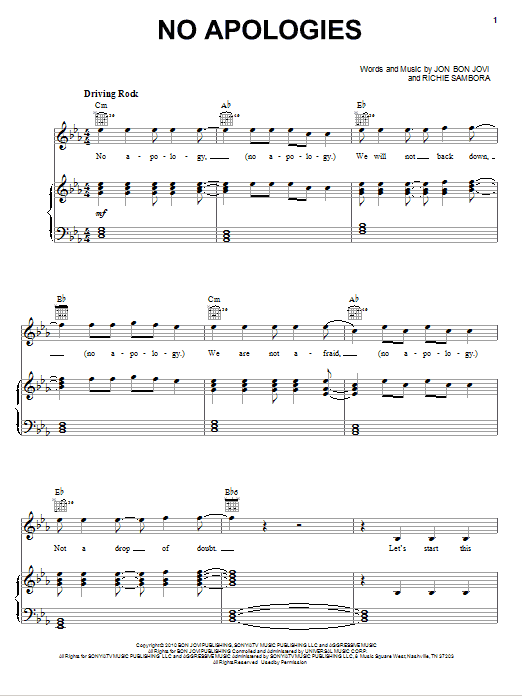 Download Bon Jovi No Apologies Sheet Music and learn how to play Piano, Vocal & Guitar (Right-Hand Melody) PDF digital score in minutes
