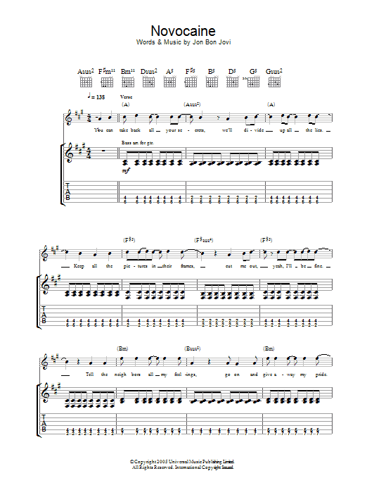 Download Bon Jovi Novocaine Sheet Music and learn how to play Guitar Tab PDF digital score in minutes