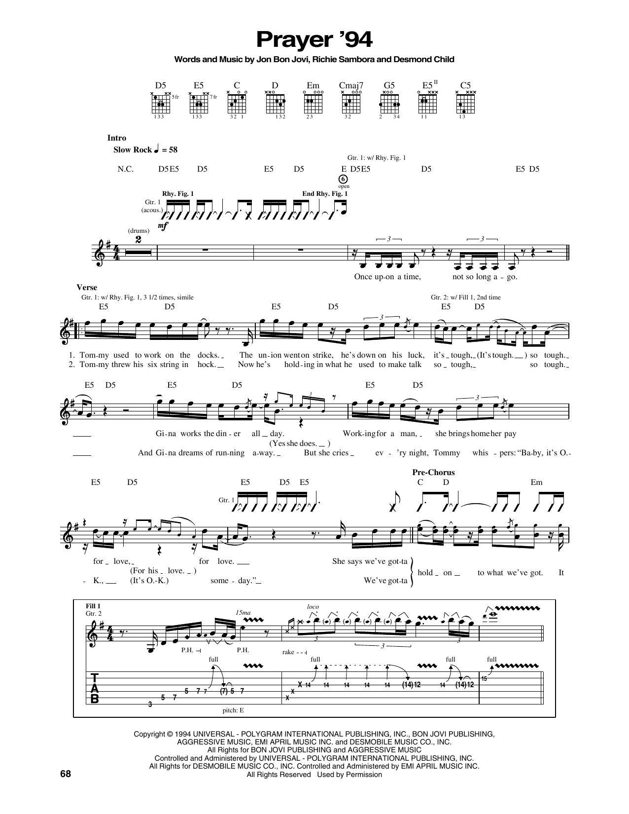 Download Bon Jovi Prayer '94 Sheet Music and learn how to play Piano, Vocal & Guitar Chords (Right-Hand Melody) PDF digital score in minutes