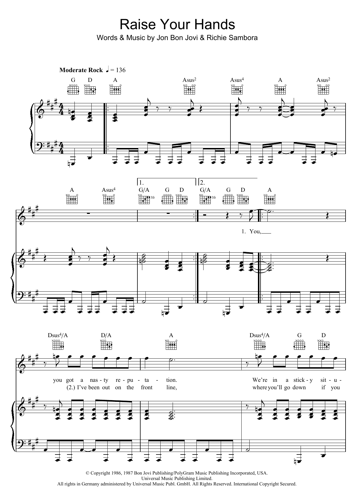 Download Bon Jovi Raise Your Hands Sheet Music and learn how to play Piano, Vocal & Guitar (Right-Hand Melody) PDF digital score in minutes