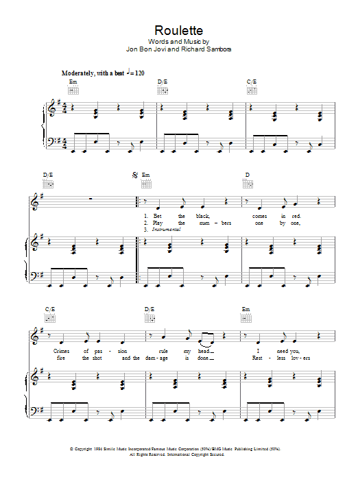 Download Bon Jovi Roulette Sheet Music and learn how to play Piano, Vocal & Guitar (Right-Hand Melody) PDF digital score in minutes