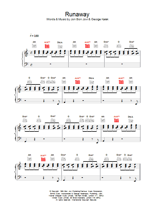 Download Bon Jovi Runaway Sheet Music and learn how to play Guitar Chords/Lyrics PDF digital score in minutes
