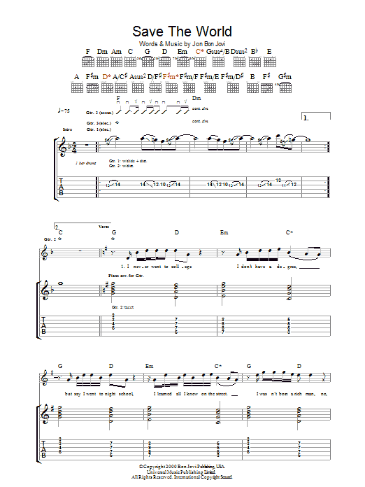Download Bon Jovi Save The World Sheet Music and learn how to play Guitar Tab PDF digital score in minutes