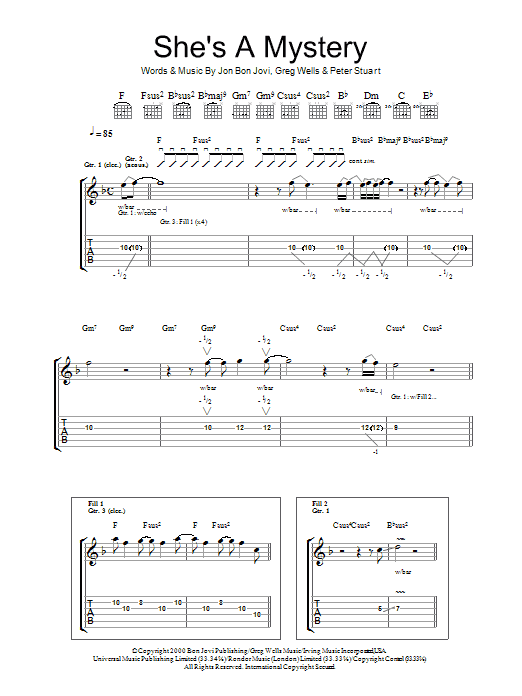 Download Bon Jovi She's A Mystery Sheet Music and learn how to play Guitar Tab PDF digital score in minutes
