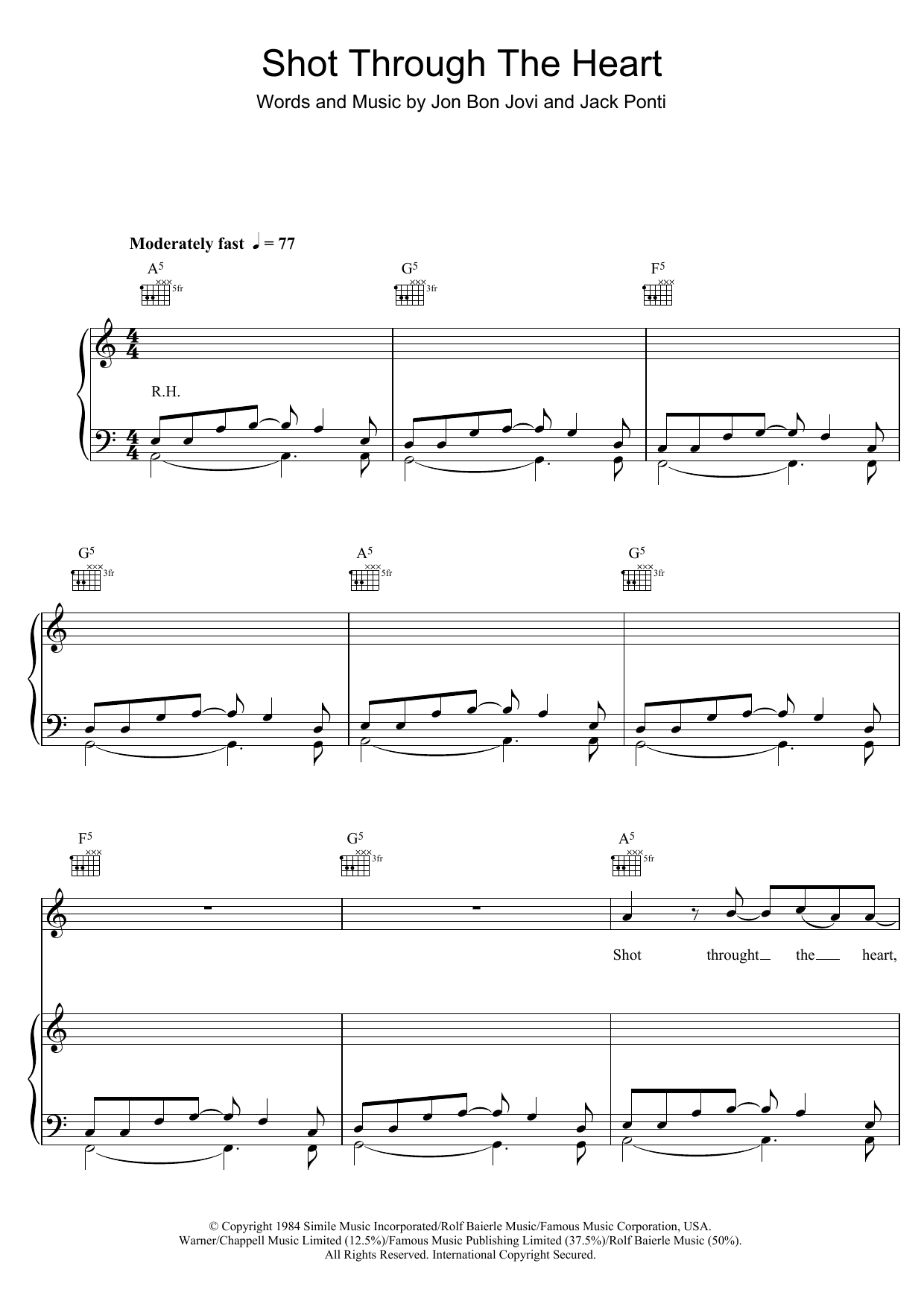 Download Bon Jovi Shot Through The Heart Sheet Music and learn how to play Piano, Vocal & Guitar PDF digital score in minutes