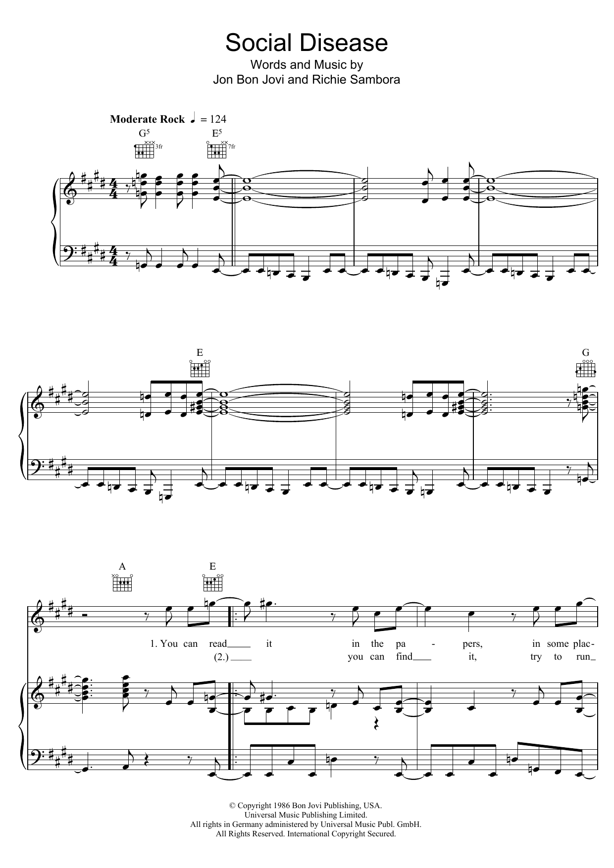 Download Bon Jovi Social Disease Sheet Music and learn how to play Piano, Vocal & Guitar (Right-Hand Melody) PDF digital score in minutes