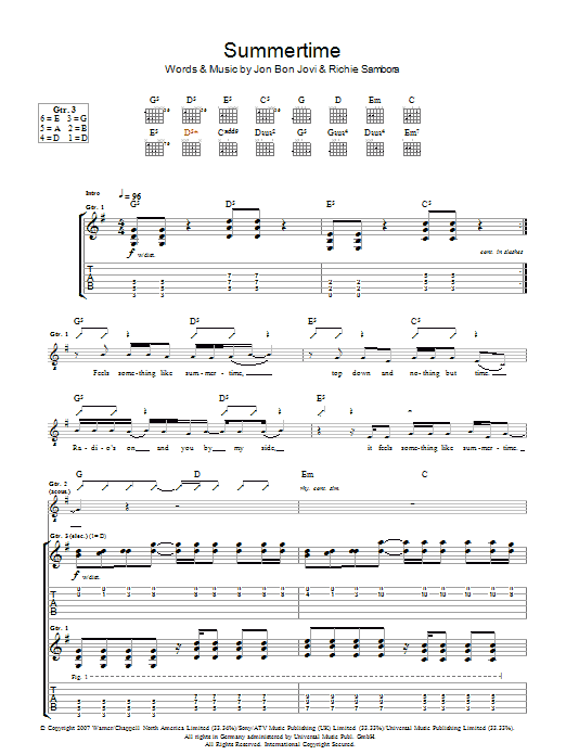 Download Bon Jovi Summertime Sheet Music and learn how to play Piano, Vocal & Guitar (Right-Hand Melody) PDF digital score in minutes
