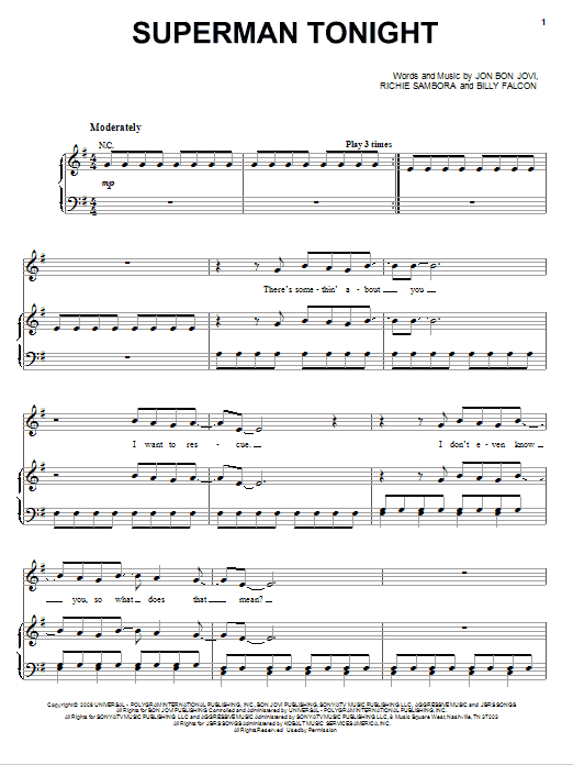 Download Bon Jovi Superman Tonight Sheet Music and learn how to play Piano, Vocal & Guitar (Right-Hand Melody) PDF digital score in minutes