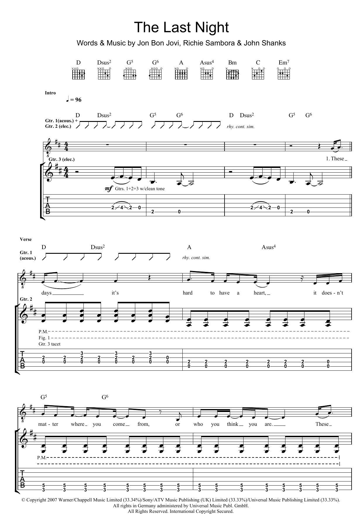 Download Bon Jovi The Last Night Sheet Music and learn how to play Piano, Vocal & Guitar (Right-Hand Melody) PDF digital score in minutes