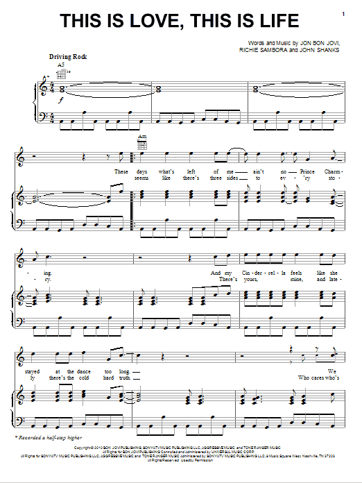Download Bon Jovi This Is Love, This Is Life Sheet Music and learn how to play Piano, Vocal & Guitar (Right-Hand Melody) PDF digital score in minutes