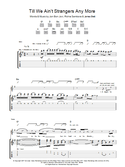Download Bon Jovi Till We Ain't Strangers Anymore Sheet Music and learn how to play Guitar Tab PDF digital score in minutes