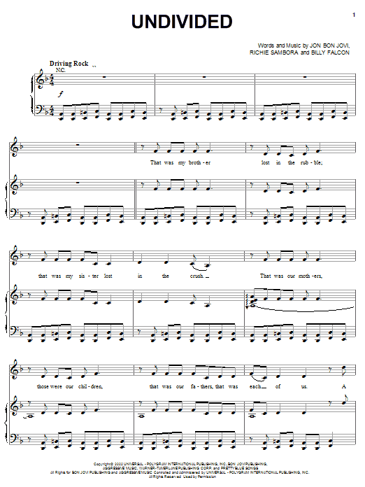 Download Bon Jovi Undivided Sheet Music and learn how to play Piano, Vocal & Guitar (Right-Hand Melody) PDF digital score in minutes