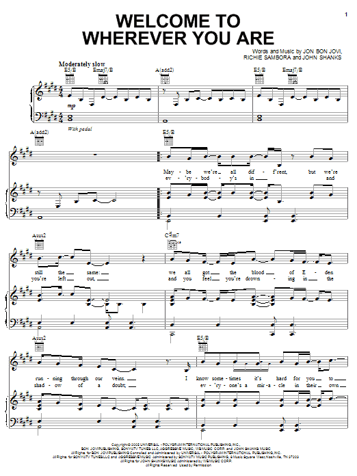 Download Bon Jovi Welcome To Wherever You Are Sheet Music and learn how to play Piano, Vocal & Guitar (Right-Hand Melody) PDF digital score in minutes
